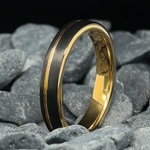 4mm Black Brushed Tungsten Ring with Gold Stripe & Interior Men's and Women's Wedding Band image 1