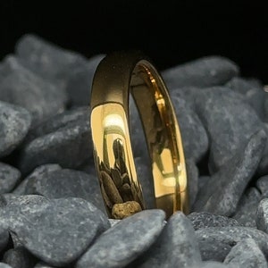 Yellow Gold Tungsten Ring - Polished Finish - 4mm Unisex Wedding Band - Anniversary Gift