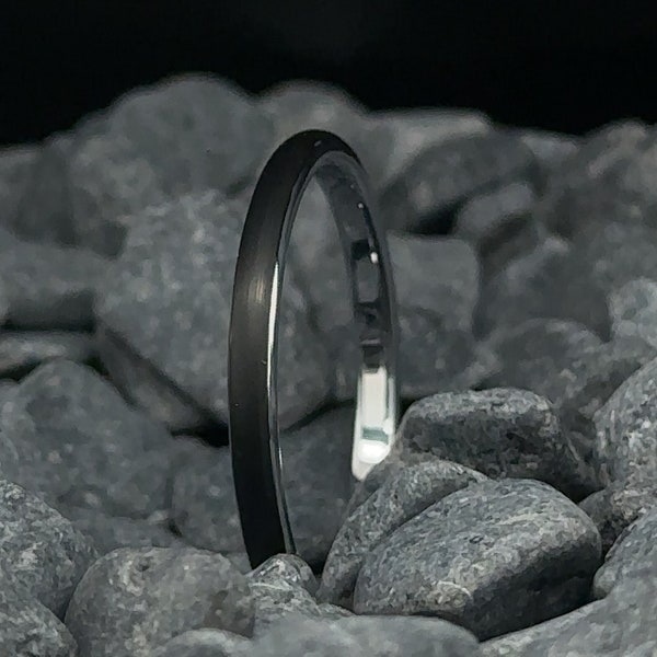 2mm Black Tungsten Wedding Band - Brushed Finish Men's Ring - White Gold Interior