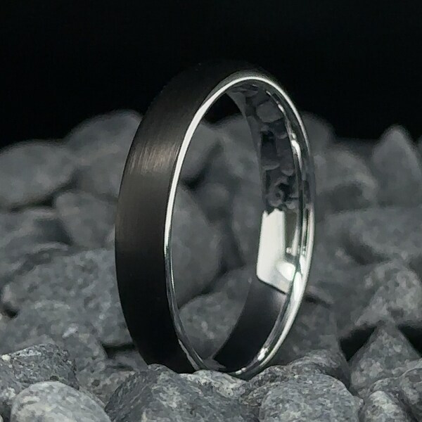 4mm Black Tungsten Wedding Band - Brushed Finish Men's Ring - White Gold Interior