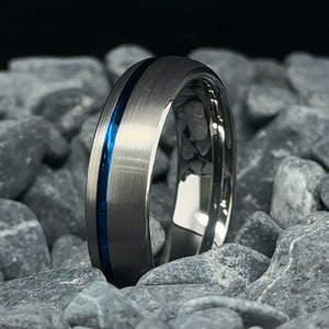 Mens Tungsten Wedding Band - 6mm Brushed Silver Wedding Ring - Blue Stripe Wedding Band - Engagement Ring - Anniversary Gift