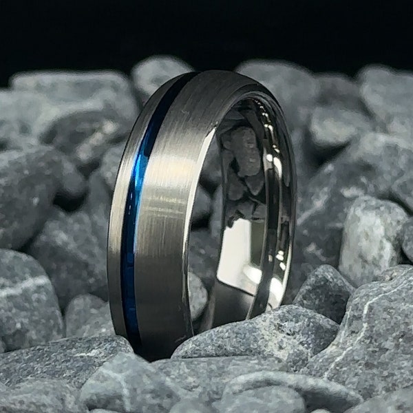 Alliance en tungstène pour homme - Alliance en argent brossé de 6 mm - Alliance à rayures bleues - Bague de fiançailles - Cadeau d'anniversaire