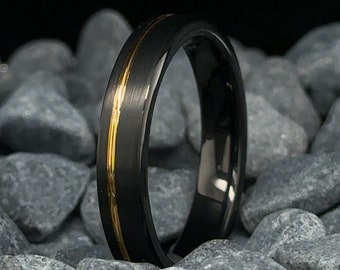 Black Brushed Gold Stripe Tungsten Ring - 4mm Unisex Wedding Band
