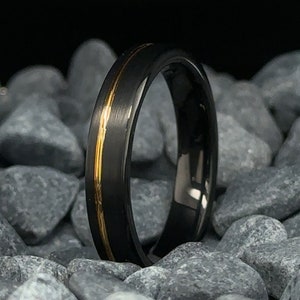 Black Brushed Gold Stripe Tungsten Ring - 4mm Unisex Wedding Band