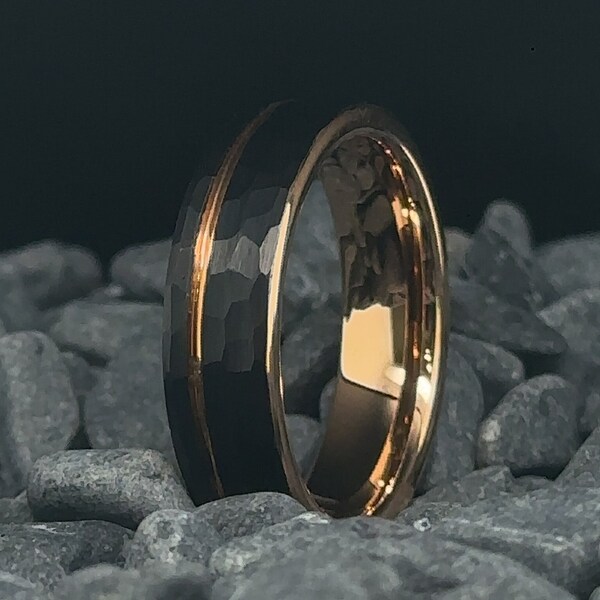 6mm Black Tungsten Ring with Rose Gold Stripe In a Hammered Finish - Men's Wedding Band