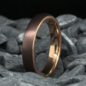 Mocha Brown Tungsten Wedding Band  - 4mm Rose Gold Brushed Men's Wedding Ring -  Brown Tungsten Ring - Anniversary Gift