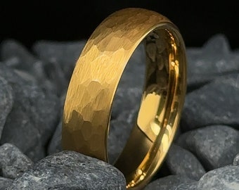 6mm Hammered Yellow Gold Tungsten Wedding Band - Men's and Women's Tungsten Ring