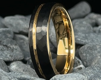 6mm Black Hammered Tungsten Ring with Gold Stripe & Interior - Men's and Women's Wedding Band