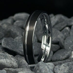 4mm Black Tungsten Ring - Brushed Stripe Finish - White Gold Interior - Wedding Band