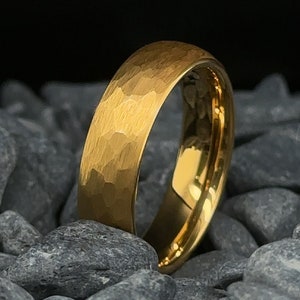 6mm Hammered Yellow Gold Tungsten Wedding Band - Men's and Women's Tungsten Ring