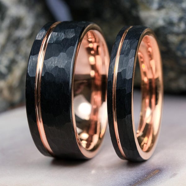 Tungsten Ring His and Hers Set - 8mm and 4mm Hammered Black Bands With Rose Gold Stripe - Custom Laser Engravings