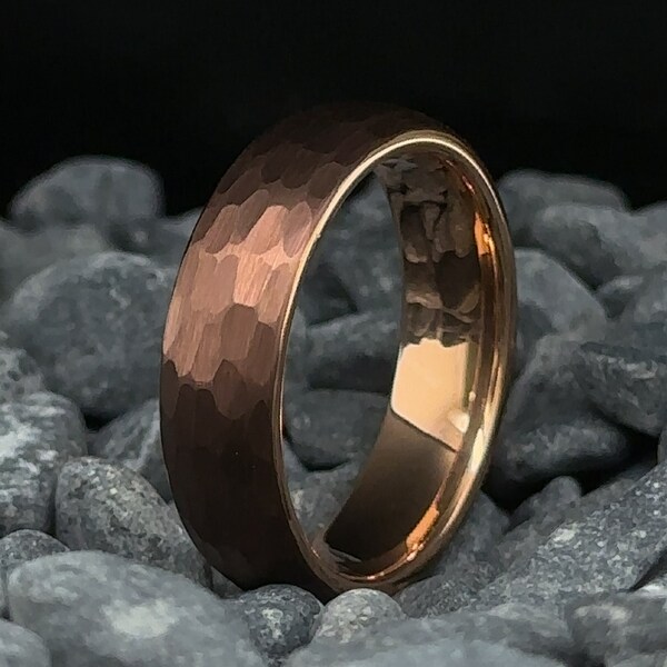 Mocha Brown Tungsten Wedding Band  - 6mm Rose Gold Hammered Men's Wedding Ring -  Brown Tungsten Ring - Anniversary Gift