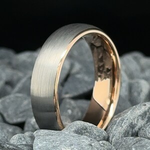 6mm Brushed Silver Tungsten Wedding Band with Rose Gold Interior - Unisex Tungsten Ring