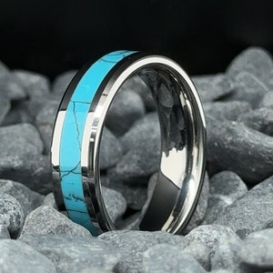 Tungsten Ring POLISHED Silver Unisex Band with Turquoise Inlay Finish, Tungsten Band, Mens Wedding Ring, Womens Wedding Bands 6mm