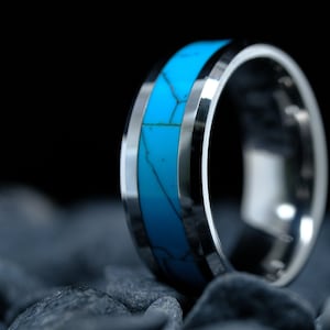 Tungsten Ring POLISHED Silver Band with Turquoise Inlay Finish 8mm Mens Ring Tungsten Wedding Ring Womens  Tungsten Turquoise Band
