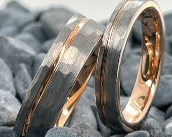 Tungsten Ring His and Hers Set - 6mm and 4mm Hammered Silver Bands With Rose Gold Stripe - Tungsten Wedding Bands - Anniversary Rings