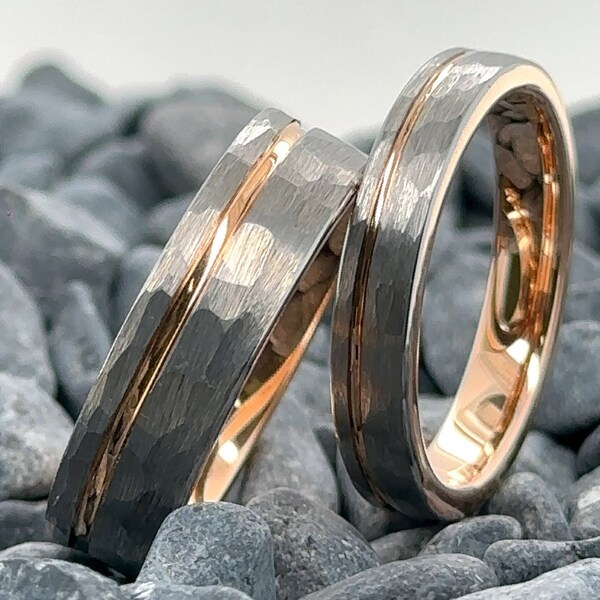 Tungsten Ring His and Hers Set - 6mm and 4mm Hammered Silver Bands With Rose Gold Stripe - Tungsten Wedding Bands - Anniversary Rings