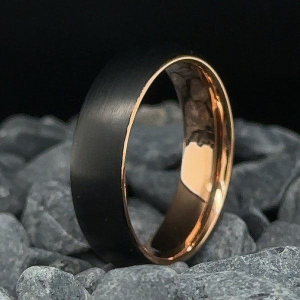 6mm Brushed Black Rose Gold Interior Tungsten Wedding Band - Unisex Black Tungsten Ring