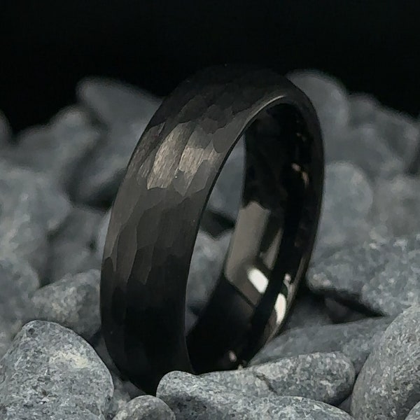 6mm Black Hammered Tungsten Ring - Unisex Wedding Band -  Anniversary Ring - Obsidian Black