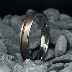 Silver Tungsten Ring with KOA Wood Stripe Finish - 4mm Men's Wedding Band - Brushed