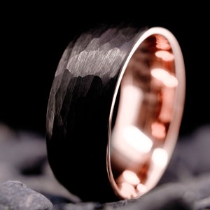 8mm Black Hammered Tungsten Wedding Band - Rose Gold Inlay Unisex Ring