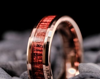 Rose Gold Tungsten Band with Koa Wood Finish - Men's Wedding Ring - 6mm Personalized Ring
