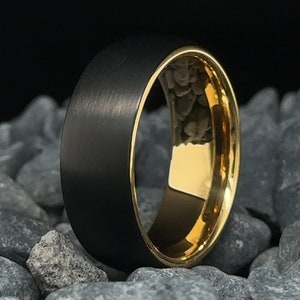 8mm Black Brushed Tungsten Ring with Gold Interior - Unisex Tungsten Wedding Band - Rings For Him and Her