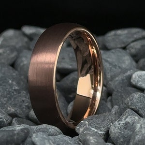 Mocha Brown Tungsten Wedding Band  - 6mm Rose Gold Brushed Men's Wedding Ring -  Brown Tungsten Ring - Anniversary Gift