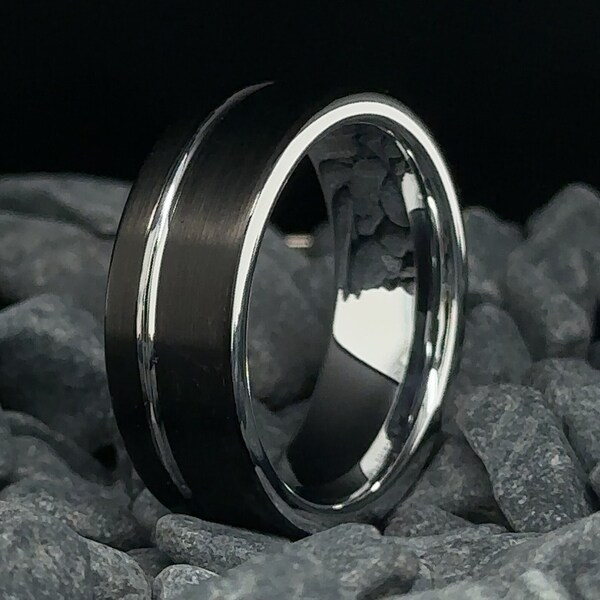 8mm Black Tungsten Ring - Brushed Stripe Finish - White Gold Interior - Wedding Band