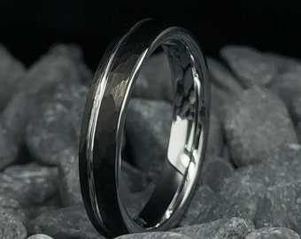 4mm Black Tungsten Ring - Hammered Stripe Wedding Band - White Gold Interior