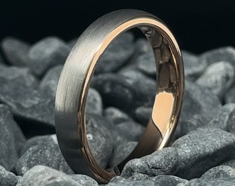 4mm Brushed Silver Tungsten Wedding Band with Rose Gold Interior - Unisex Tungsten Ring