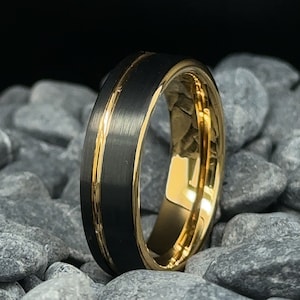 6mm Black Brushed Tungsten Ring with Gold Stripe & Interior - Men's and Women's Wedding Band