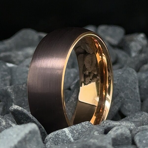 Mocha Brown Tungsten Wedding Band - 8mm Rose Gold Brushed Men's Wedding Ring - Brown Tungsten Ring - Anniversary Gift