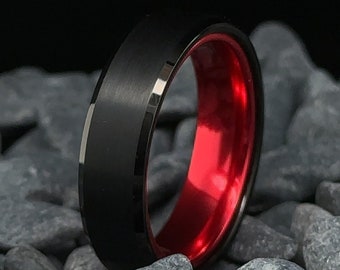 Tungsten Ring Beveled Edge Black Band With High Polished Red Interior. 6mm Womens & Mens Ring Tungsten Ring Wedding Band Brushed Ring
