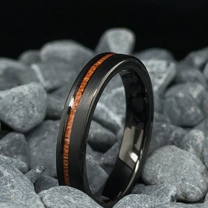 Black Tungsten Ring with KOA Wood Stripe Brushed Finish - 4mm Men's Wedding Band
