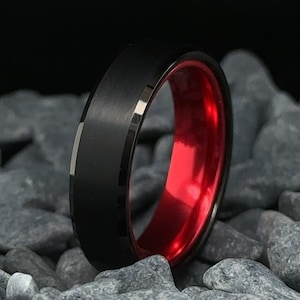 Tungsten Ring Beveled Edge Black Band With High Polished Red Interior. 6mm Womens & Mens Ring Tungsten Ring Wedding Band Brushed Ring