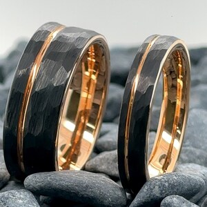 Tungsten Ring His and Hers Set - 8mm and 4mm Hammered Black Bands With Rose Gold Stripe - Tungsten Wedding Bands - Anniversary Gift