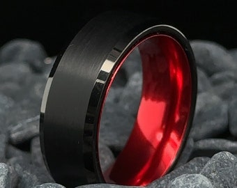 Tungsten Ring Beveled Edge Black Band With High Polished Red Interior. 8mm Womens & Mens Ring Tungsten Ring Wedding Band Brushed Ring