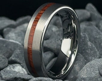 Silver Tungsten Ring with KOA Wood Stripe Brushed Finish - 6mm Men's Wedding Band