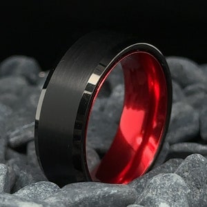 Tungsten Ring Beveled Edge Black Band With High Polished Red Interior. 8mm Womens & Mens Ring Tungsten Ring Wedding Band Brushed Ring