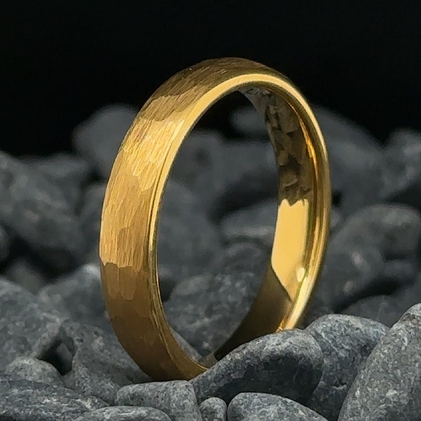 4mm Hammered Yellow Gold Tungsten Band - Men's and Women's Wedding Rings