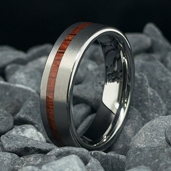 Silver Tungsten Ring with KOA Wood Stripe Brushed Finish - 6mm Men's Wedding Band