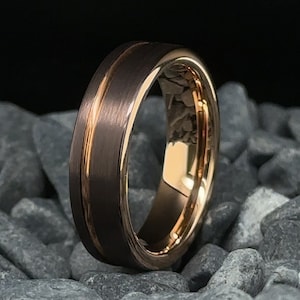 Mocha Brown Tungsten Wedding Band - 6mm Rose Gold Brushed Men's Wedding Ring -Stripe Ring - Brown Tungsten Ring - Anniversary Gift