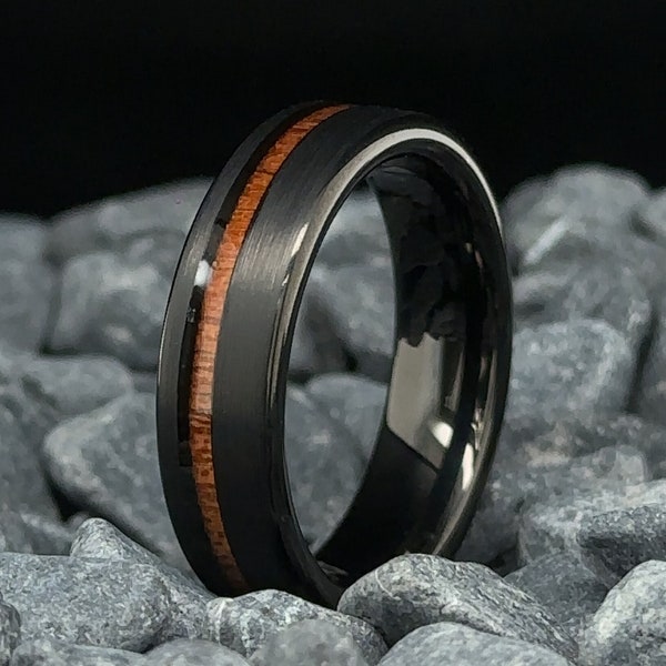 Black Tungsten Ring with KOA Wood Stripe Brushed Finish - 6mm Men's Wedding Band