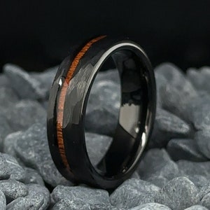 Black Tungsten Ring with KOA Wood Stripe Hammered Finish - 6mm Men's Wedding Band - Wedding Gift