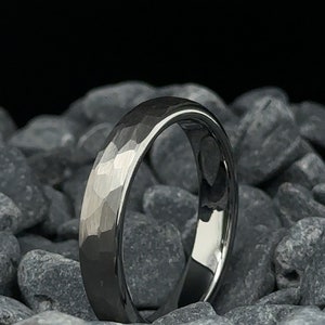 Hammered Tungsten Ring Silver Finish - 4mm His and Hers Wedding Bands - Anniversary Gift