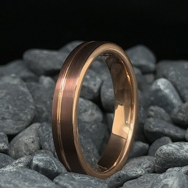 Mocha Brown Tungsten Wedding Band  - 4mm Rose Gold Brushed Men's Wedding Ring With Stripe -  Brown Tungsten Ring - Anniversary Gift