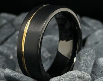 Black Brushed Gold Stripe Tungsten Ring - 8mm Unisex Wedding Band