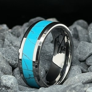 Tungsten Ring POLISHED Silver Band with Turquoise Inlay Finish 8mm Mens Ring Tungsten Wedding Ring Womens  Tungsten Turquoise Band
