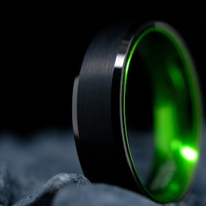 Black Tungsten Ring with Beveled Edge - 6mm High Polished Green Interior - Brushed Wedding Band for Women & Men